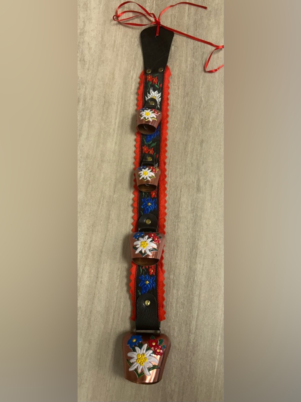 Decorative Alpine Cowbell Strap with Floral Bells - Red & Blue